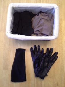 gloves, headband/ear warmer, basket with socks and other underthings: socks 5 pair, panties 5 pair, bras 4, tights x1.